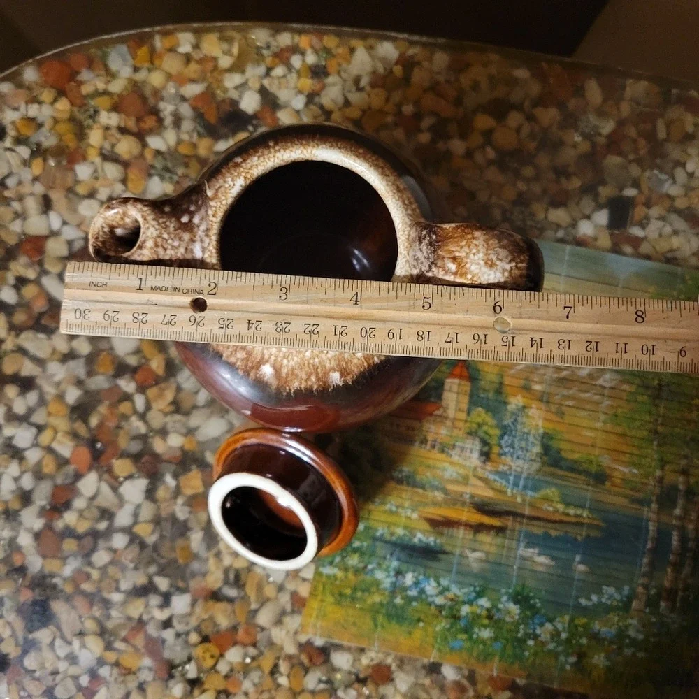 Vintage Hull Pottery Brown Drip Ball‎ Shaped Tea Pot & Lid with plate USA